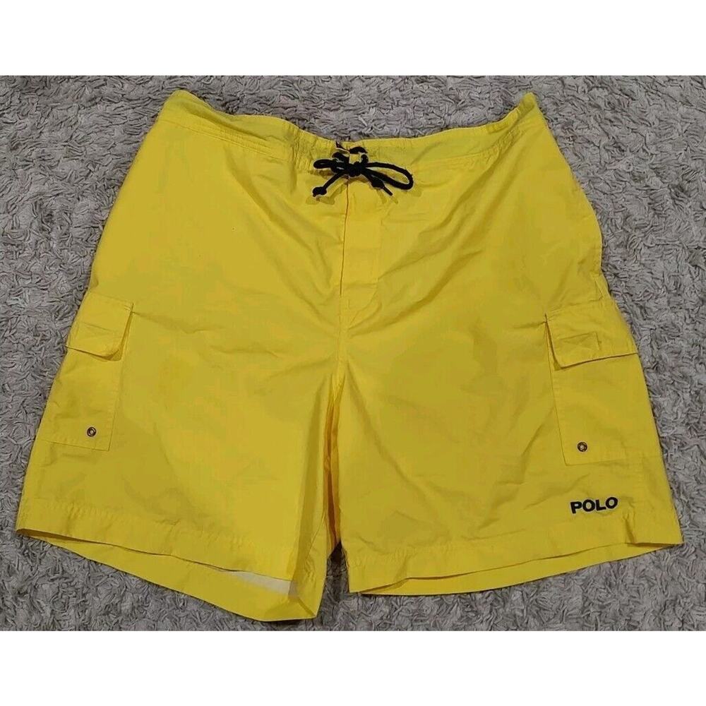 VTG Polo Sport Mens Yellow Spell Out Board Shorts Swim Trunks Coastal Casual- XL